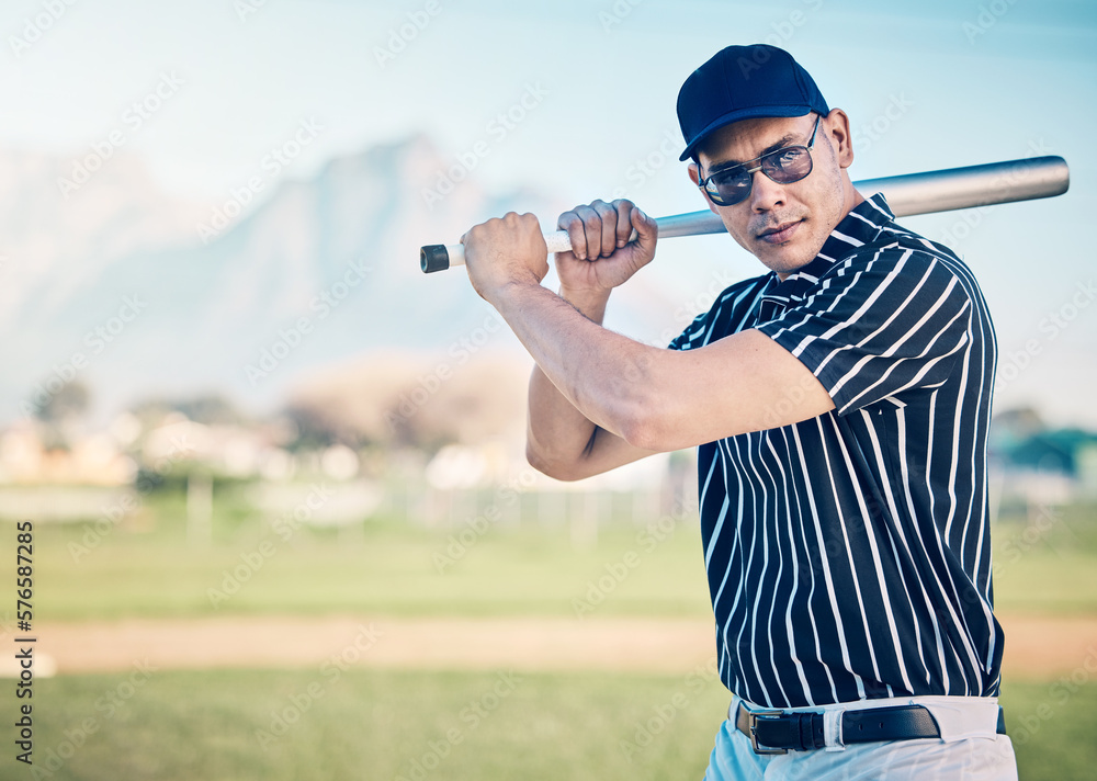 Poster Baseball player, man with bat and sports outdoor with athlete, exercise and professional, ready to hit and mockup. Playing game, fitness and pitch with active lifestyle, training and focus in Cuba