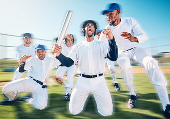 Teamwork, sports and winner with baseball player on field for home run, training and strike....