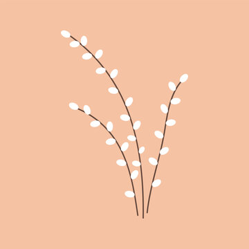 Pussy willow branches icon. Easter spring blossom twigs decoration. Palm Sunday card. Flat vector illustration isolated on beige background