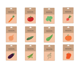 Set of vegetable seeds packages watercolor illustration isolated on white background. Packs of plant seeds clipart cartoon style. Vegetable seeds package watercolor collection. Tomato, spinach, radish