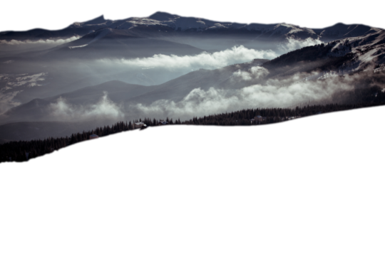 Over clouds mountain peaks and forests isolated PNG photo with transparent background. High quality cut out scene element. Realistic image overlay for website design, layout, social media