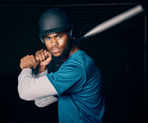 Sports, baseball and portrait of black man with bat ready to hit ball in game, practice and competition. Fitness, sport mockup and serious male athlete on dark background for exercise and training - obrazy, fototapety, plakaty