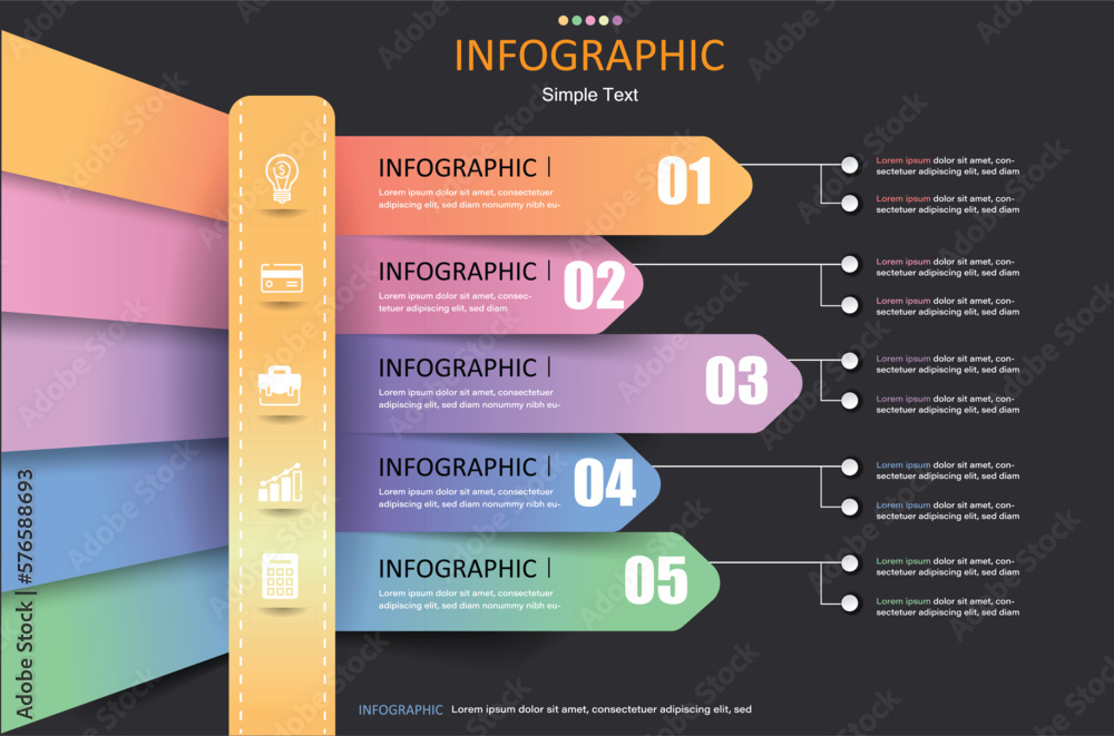 Poster vector infographic with 6 colorful arrow lines with different levels and colors on a black gray back