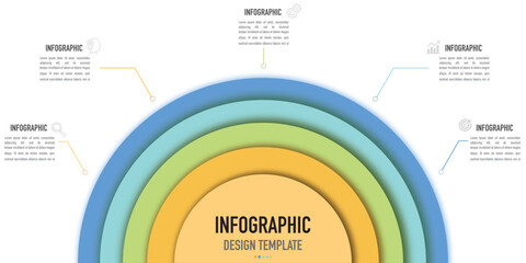 Semicircular infographic template or element as a vector including 5 layer and colorful on half circle shape on white background with icons for presentation, 3D rainbow, paper cut, flat, minimal style