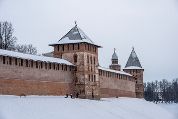 fortress wall of the Kremlin of Veliky Novgorod on a frosty winter day