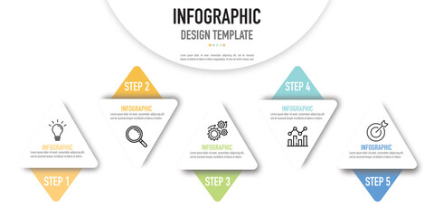 Infographic business template or element as a vector including 5 step, process, point, on white background with colorful triangle shape, triangular model, icons, simple, minimal and modern style