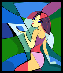 Colorful abstract background, woman whit tablet