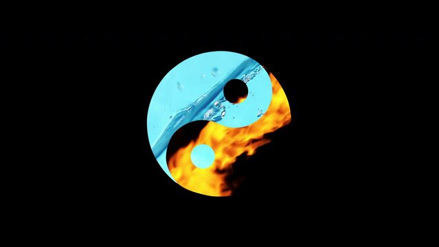 An explosion of fire and a wave of water in the form of a rotating and increasing Yin-Yang symbol isolated on a black background. 4k UHD slow motion video. ProRes 422 HQ. Rec 2100 HLG.