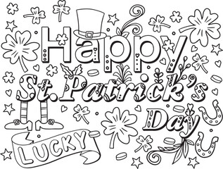 Hand-drawn. Happy St.Patrick's Day. Doodles art with elements for background or cards. Coloring page for adults and kids. Vector Illustration
