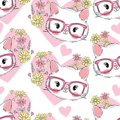 Hand drawn cute cat with glasses and pink heart with little flowers seamless pattern vector illustration kids print