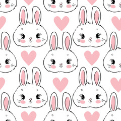 Little cute rabbit and pink heart seamless pattern kids print textiles vector illustration