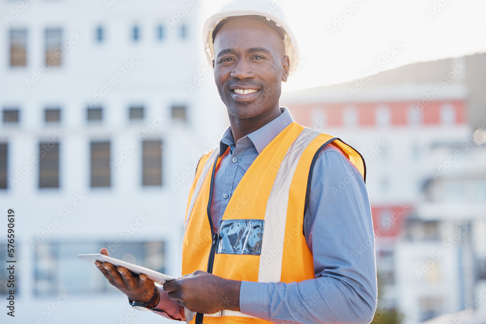 Poster engineering, tablet and portrait of black man in city for construction, building and architecture. m