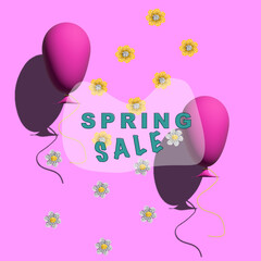 Spring sale, gold and silver flowers, pink background, pink balloons, vector illustration for website, posters, promotional material