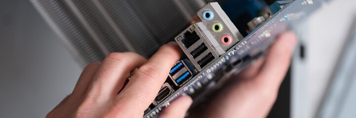 Motherboard hand holder port in laptop computer closeup