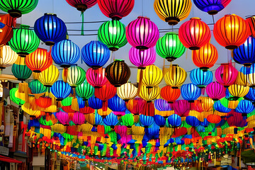 Fototapeta na wymiar AI generated image of beautiful paper lanterns adorning the street during a festival
