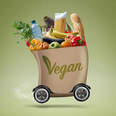 Automated grocery bag on wheels with vegan food