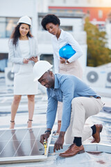 Black man, engineer team and solar panel with construction worker technician outdoor. Businessman,...