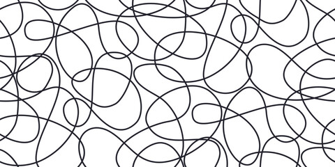 Fototapeta na wymiar Chaotic artistic seamless pattern. Creative swirls, curved one line doodle drawing swirls elements. Ink pen freehand shapes line art. Vector design for fabric, textile print, wrapping, wallpaper
