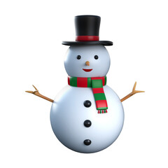 3D illustration of winter christmas white snowman with black hat and red and green scarf