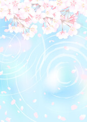 桜の枝と幻想的な水面　光、水紋