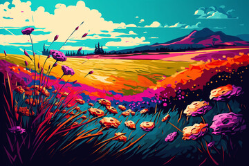 Beautiful Day with Wild Flowers - Landscape Painting - Abstract Colors - by Generative AI