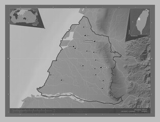 Changhua, Taiwan. Grayscale. Labelled points of cities