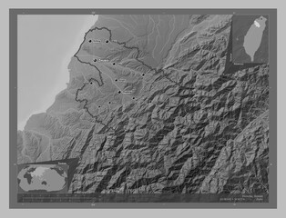 Hsinchu, Taiwan. Grayscale. Labelled points of cities