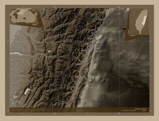 Hualien, Taiwan. Sepia. Labelled points of cities
