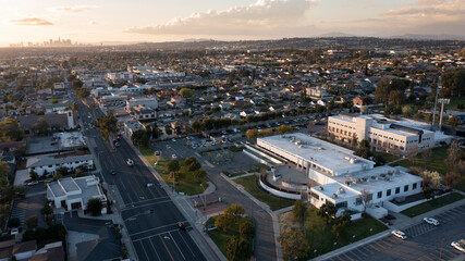 Montebello, California, USA - February 2, 2023: Sunlight  shines on the downtown Civic Center and City Hall of Montebello. - obrazy, fototapety, plakaty