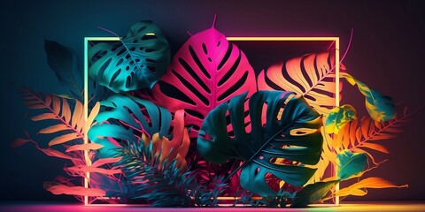 Beautiful leaf background with neon square