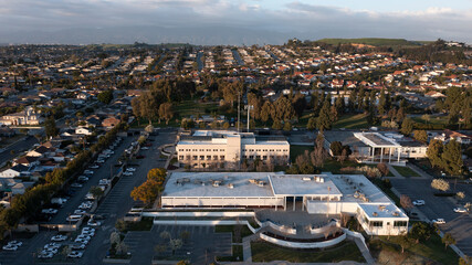 Montebello, California, USA - February 2, 2023: Sunlight  shines on the downtown Civic Center and...