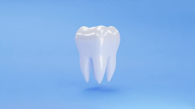 3d tooth animation. Isolated rotating 3d tooth model. Soaring beautiful white dental 3d rendering. Blue background
