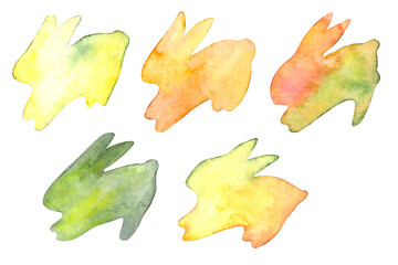 Naklejka premium Set of watercolor hand drawn isolated elements on white background. Colored silhouette of hares, bunnies and rabbits