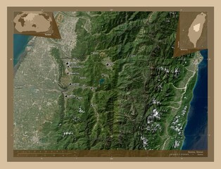 Nantou, Taiwan. Low-res satellite. Labelled points of cities