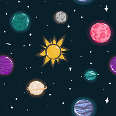 Obraz na płótnie Canvas Space Seamless Pattern with Planets and Stars. Doodle Cartoon Cute Saturn Planet. Space Vector Background for Kids