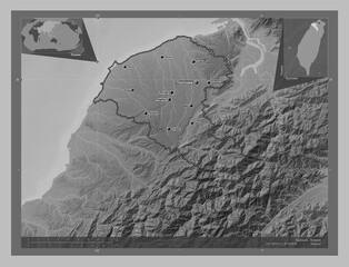 Taoyuan, Taiwan. Grayscale. Labelled points of cities