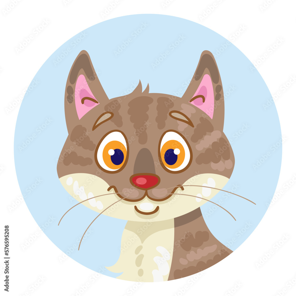 Wall mural Avatar icon of a cute brown cat. In the blue circle. In cartoon style. Isolated on white background. Vector flat illustration