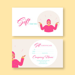 Gift voucher card template. Modern discount coupon or certificate layout with happy girl, art background. Vector illustration.
