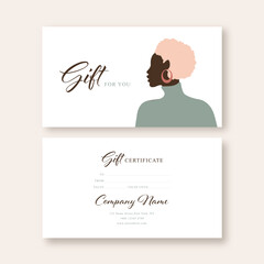 Gift voucher card template. Modern discount coupon or certificate layout with woman profile portrait, art background. Vector illustration.