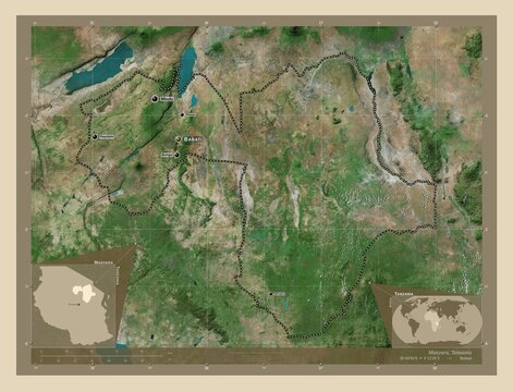Manyara, Tanzania. High-res satellite. Labelled points of cities