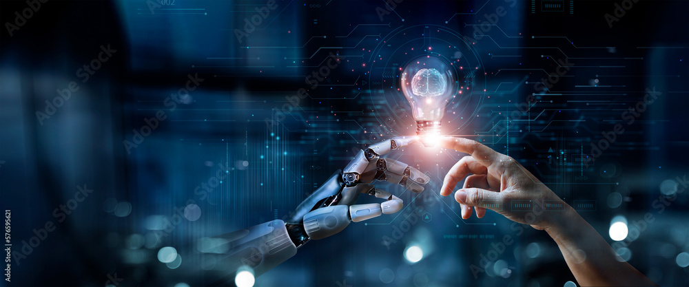 Fototapete AI, Machine learning, Hands of robot and human touch on big data network, Brain data creative in light bulb, Science and artificial intelligence technology, innovation for futuristic.