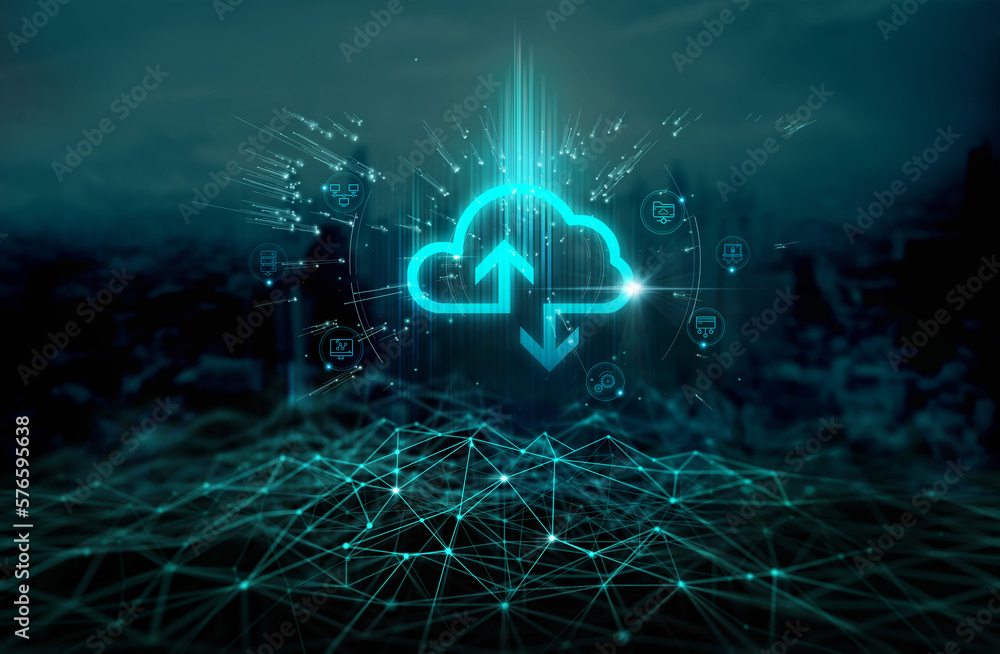 Aufkleber Cloud connection technology, data transfer cloud computing technology, Business data communication on social network, Server and storage, Internet security, Cloud computing concept.