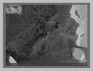 Morogoro, Tanzania. Grayscale. Labelled points of cities