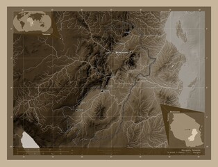 Morogoro, Tanzania. Sepia. Labelled points of cities