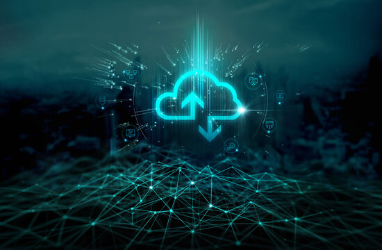 Cloud connection technology, data transfer cloud computing technology, Business data communication on social network, Server and storage, Internet security, Cloud computing concept.