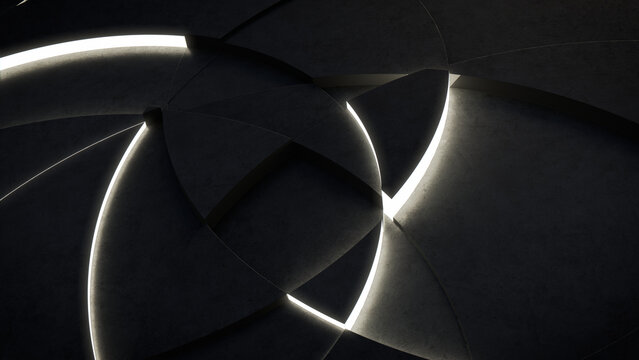 Dark, Concrete wall background, with integrated White light strips. Geometric Tech Wallpaper with Illuminated, Futuristic, 3D Blocks. 3D render