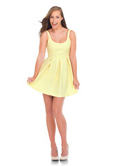 An excited beautiful stylish fashion model with summer dressing or comfortable casual clothing with a designer brand woman isolated on a png background.