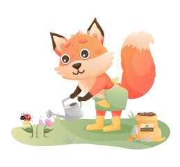 Obraz na płótnie Canvas Fox with watering can. Gardener character watering plants in spring. Cute vector illustartion
