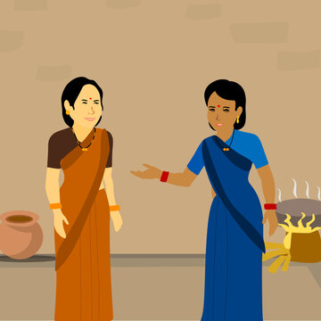Two Indian rural women talking together, gossiping. 