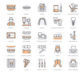 Dentist, orthodontics line icons. Dental care equipment, braces, tooth implant, veneers, toothbrush, caries treatment. Health care thin linear signs dentistry clinic. Orange color. Editable Stroke